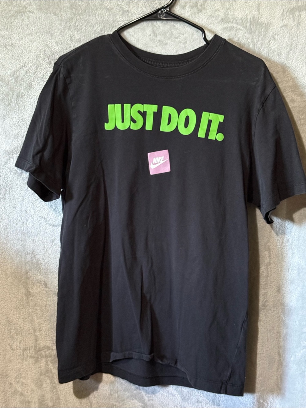 Nike Men’s Black Tee with Neon Green “Just Do It” and Pink Square Logo
